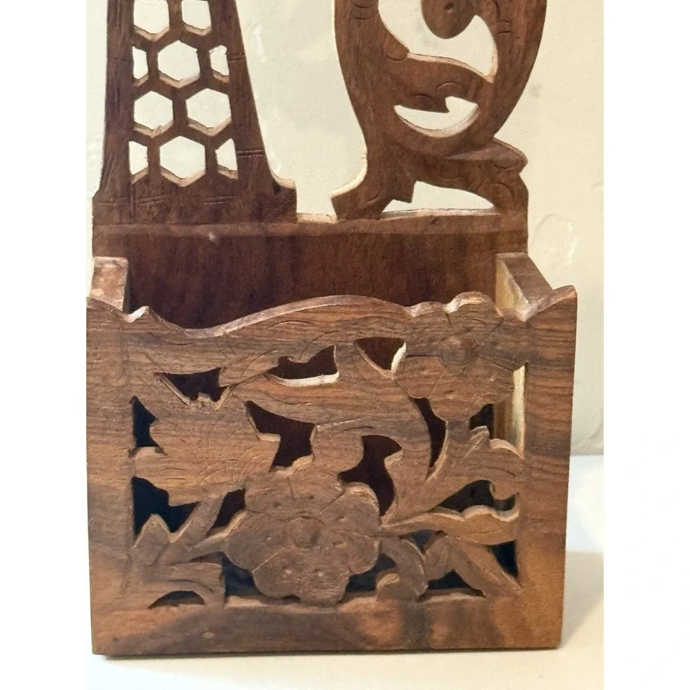 Vintage Carved Wood Wall Pocket Indian Tibetan Floral Key Box Mail‎ Holder